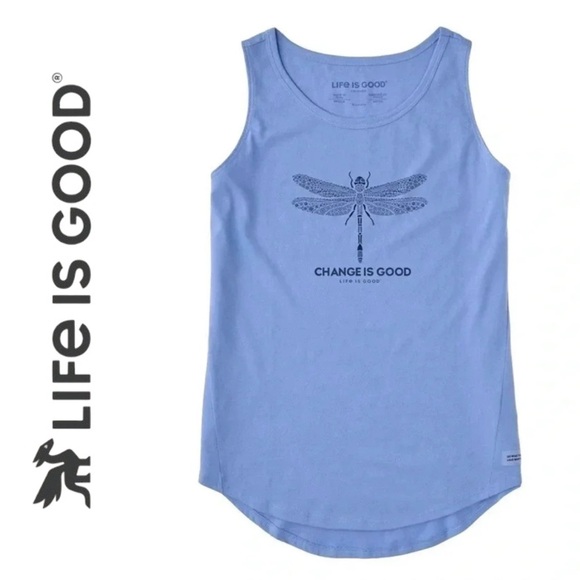 Life is Good Cornflower Blue Dragonfly Hi-Low Size MED Crusher Tank Women NWT - Picture 12 of 12